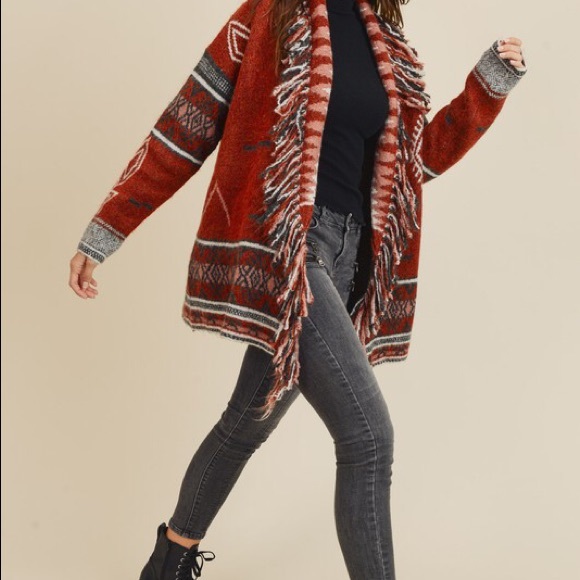 Sweater Cardigan Fringe Tribal Retro Knit  RUST - Picture 6 of 8
